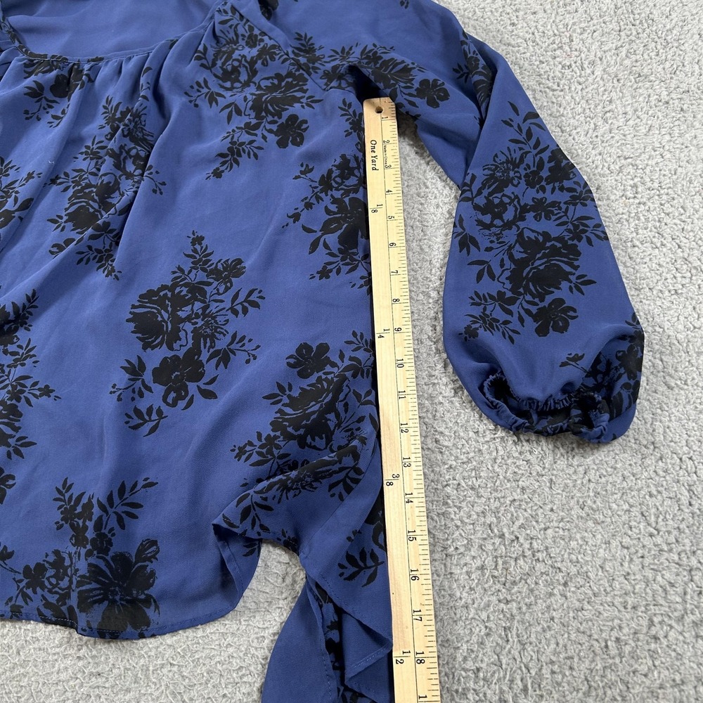 Torrid Shirt Womens 2 Blue Black Floral Sheer Long Sleeve Split Back Blouse - Picture 10 of 16